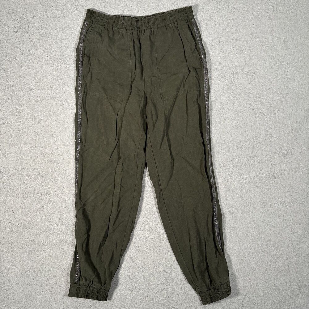 Zara Women’s Size M Army Green Joggers Elastic Waist Bedazzled Stripe Rhinestone